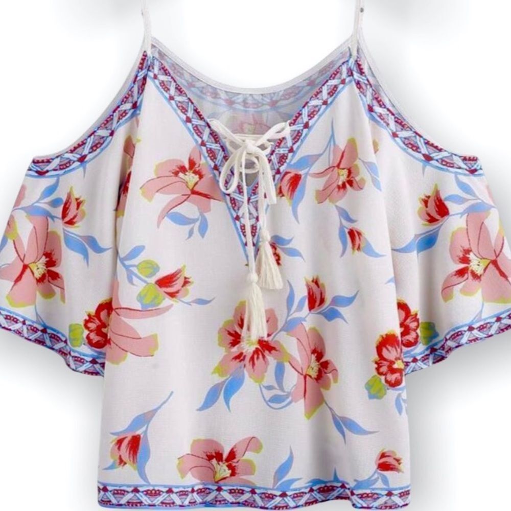 Flying Tomato Flutter Sleeve Cold Shoulder Floral Flowy Top Size Small